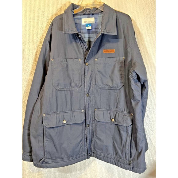 Columbia Lodge Chore‎ Coat Jacket Mens XXL Navy Blanket Leather Patch Canvas 90s